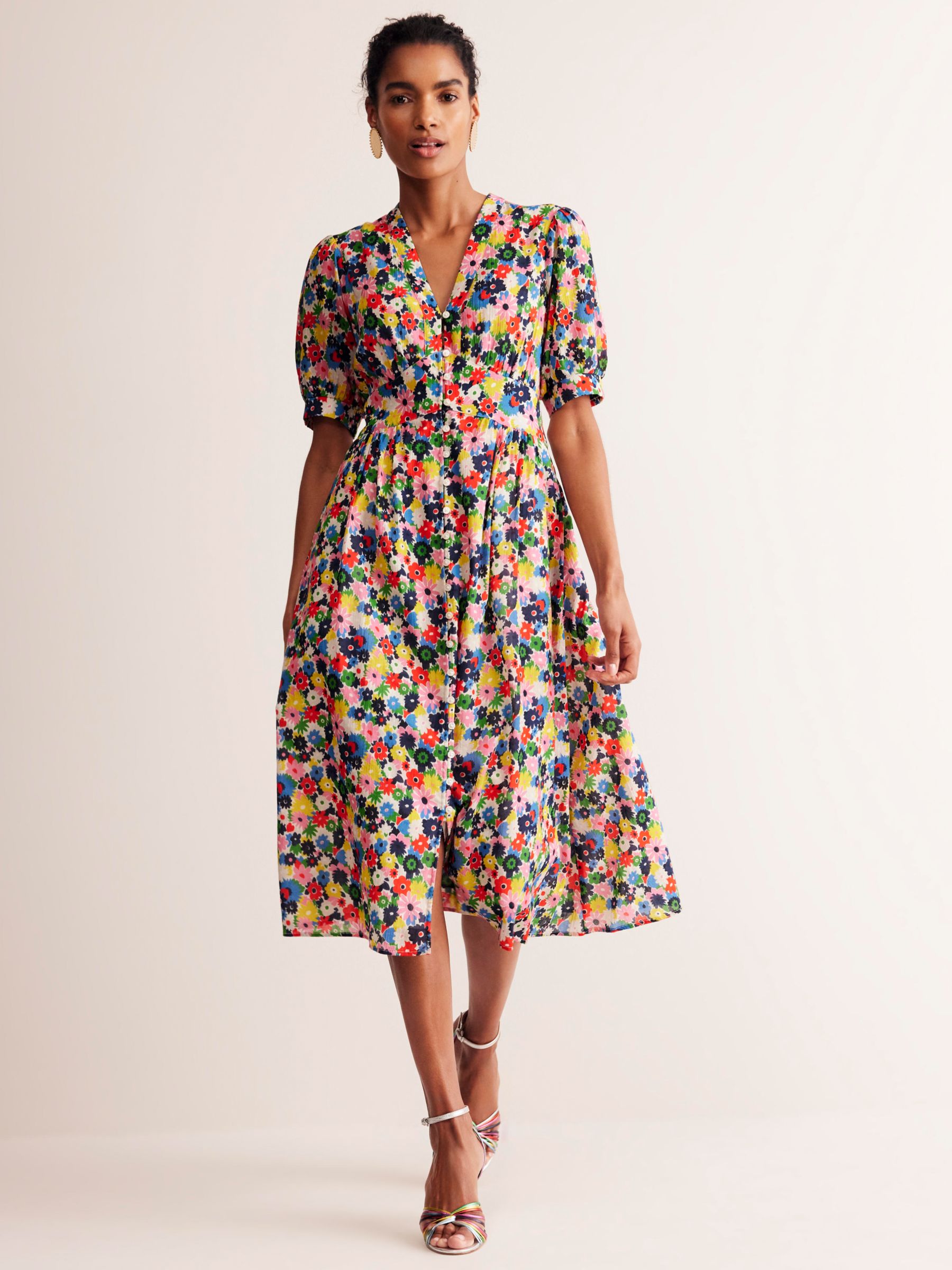 Boden Elsa Crinkle Paintbox Ditsy Floral Midi Dress, Multi, 8