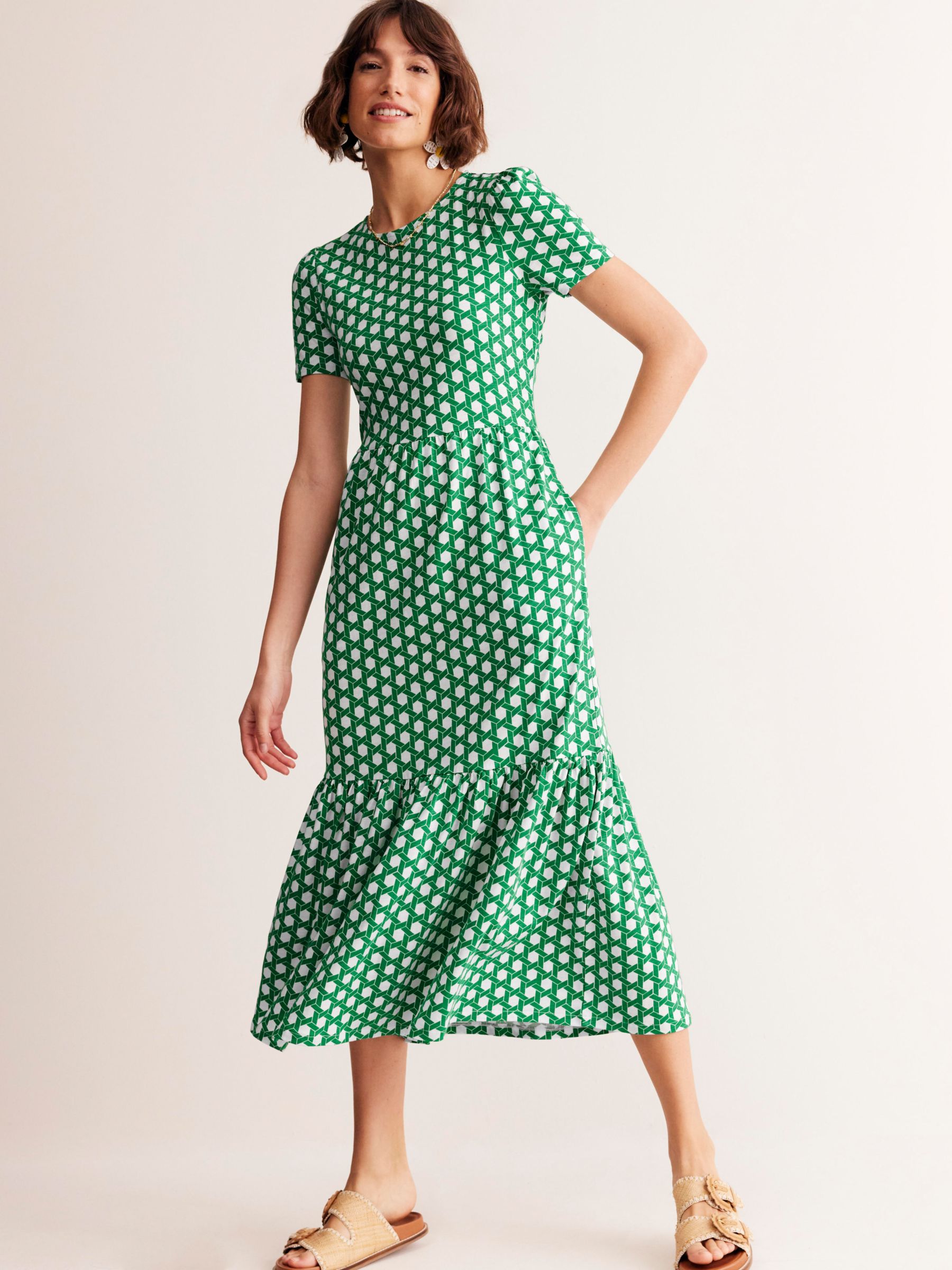 Boden Emma Honeycomb Geometric Tiered Jersey Dress, Green, 8
