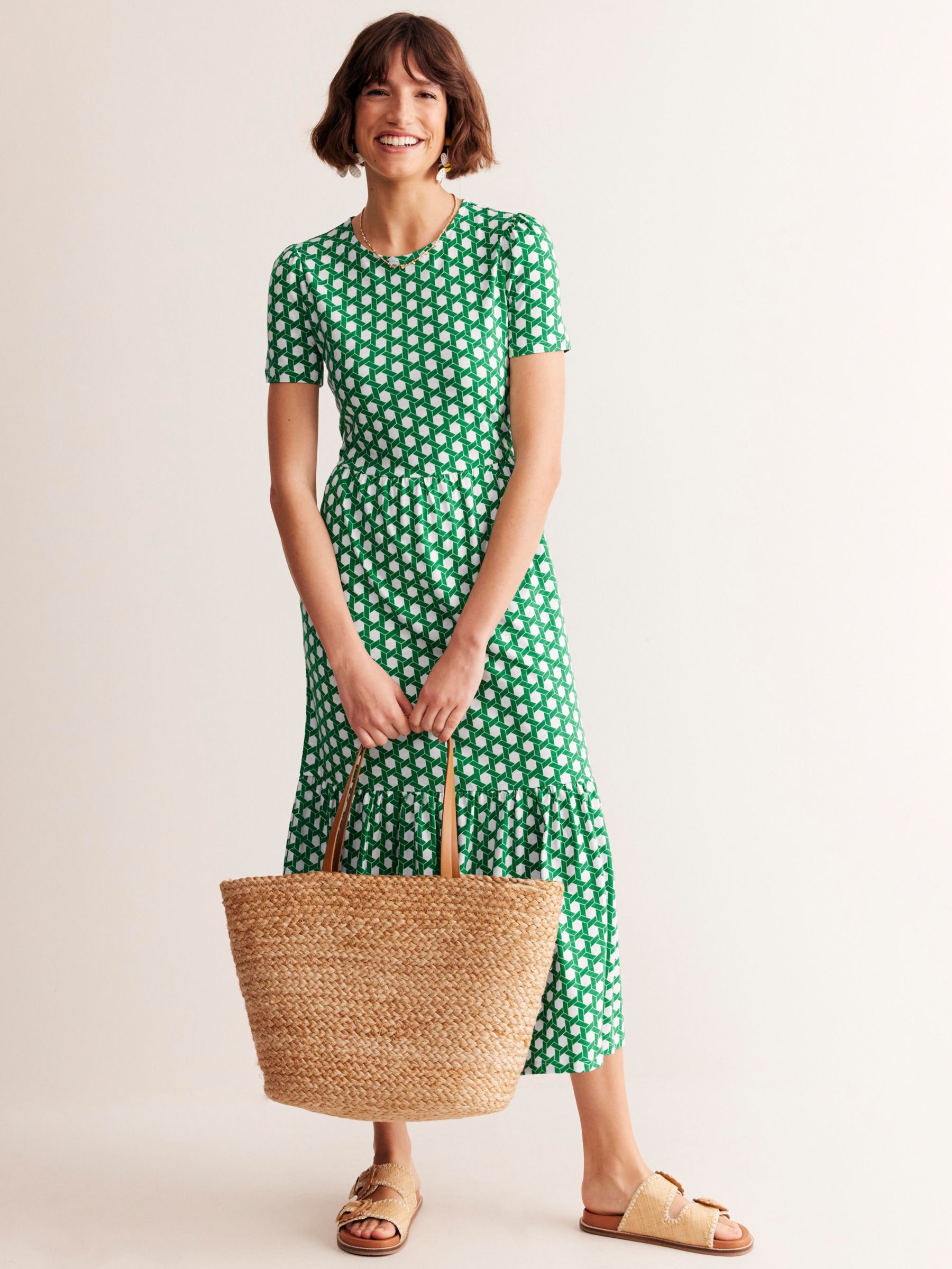 Boden Emma Honeycomb Geometric Tiered Jersey Dress, Green, 8