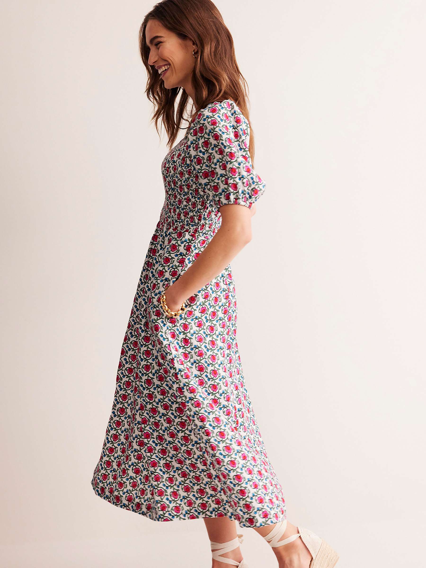 Buy Boden Sky Foliage Terrace Smocked Linen Midi Dress, Pink/Multi Online at johnlewis.com