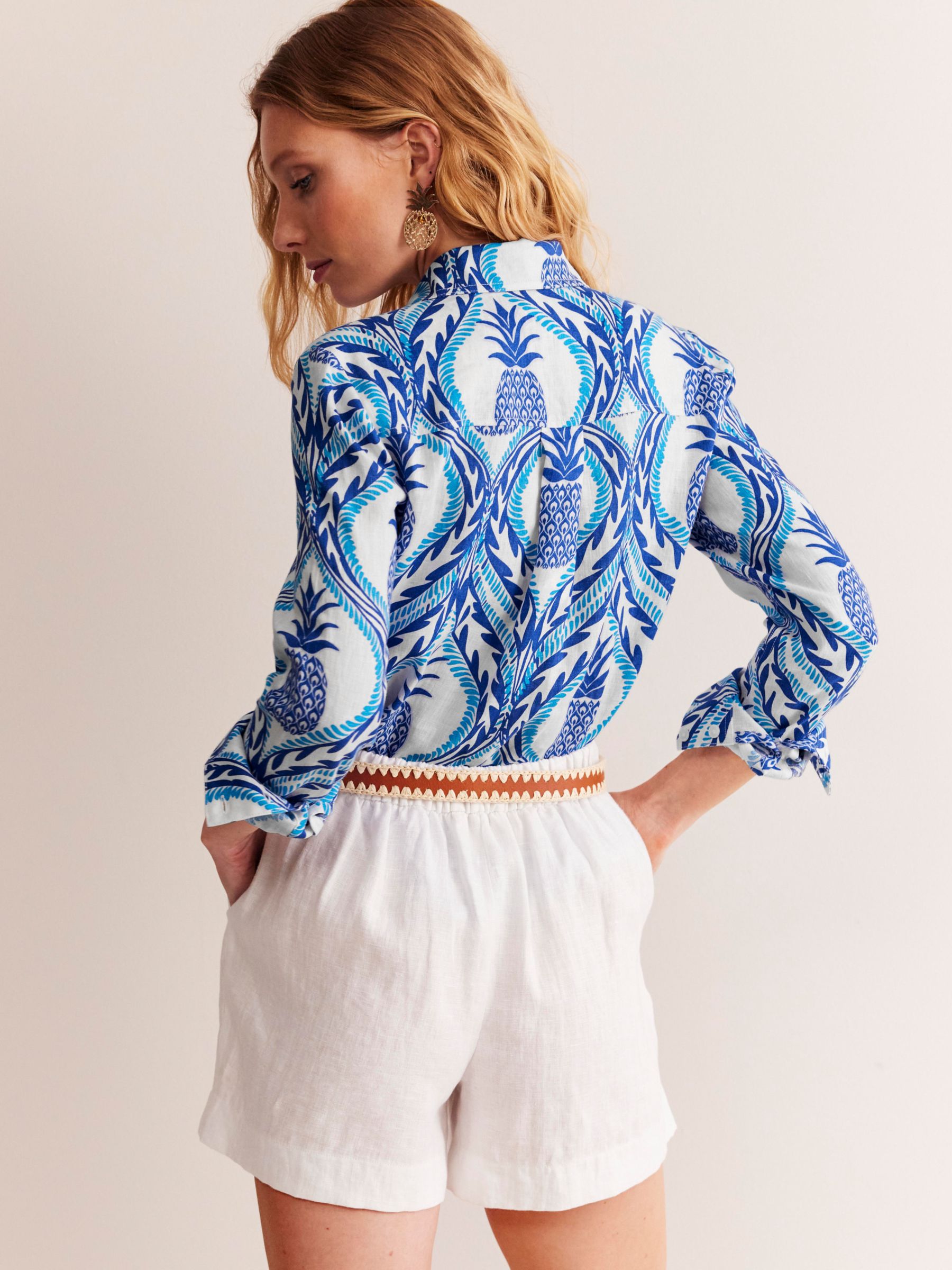 Boden Sienna Pineapple Print Linen Shirt, Blue/Multi, 8