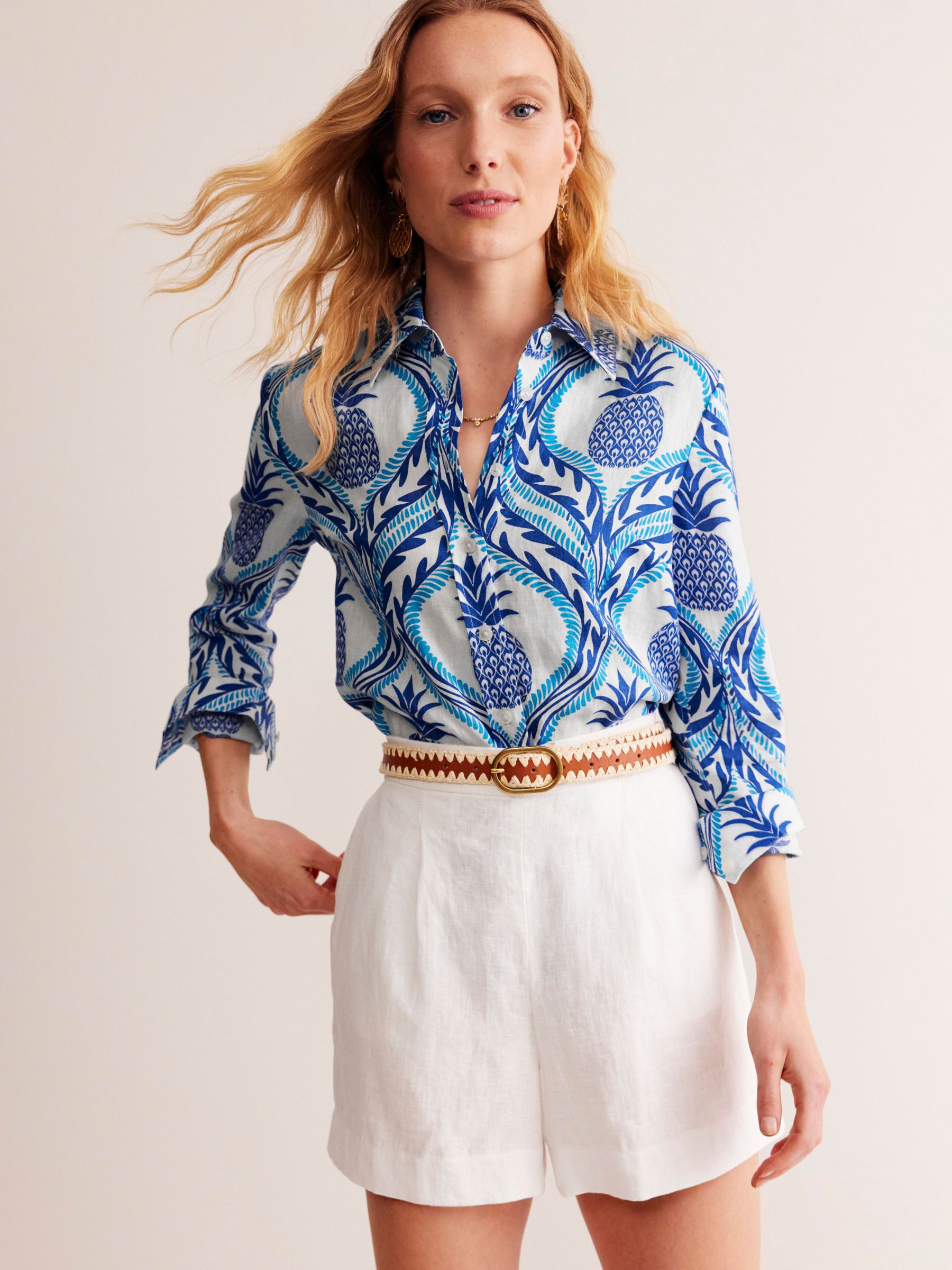 Boden Sienna Pineapple Print Linen Shirt, Blue/Multi, 8