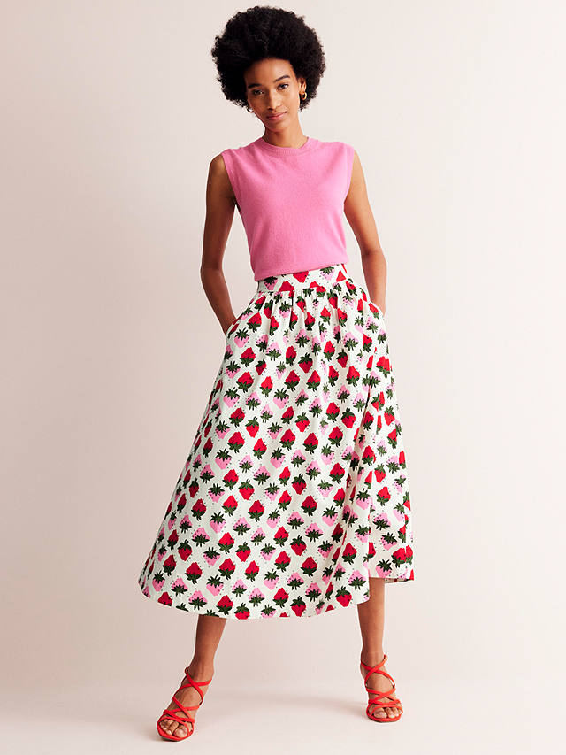 Boden Layla Strawberry Print Cotton Sateen Midi Skirt, Ivory/Multi