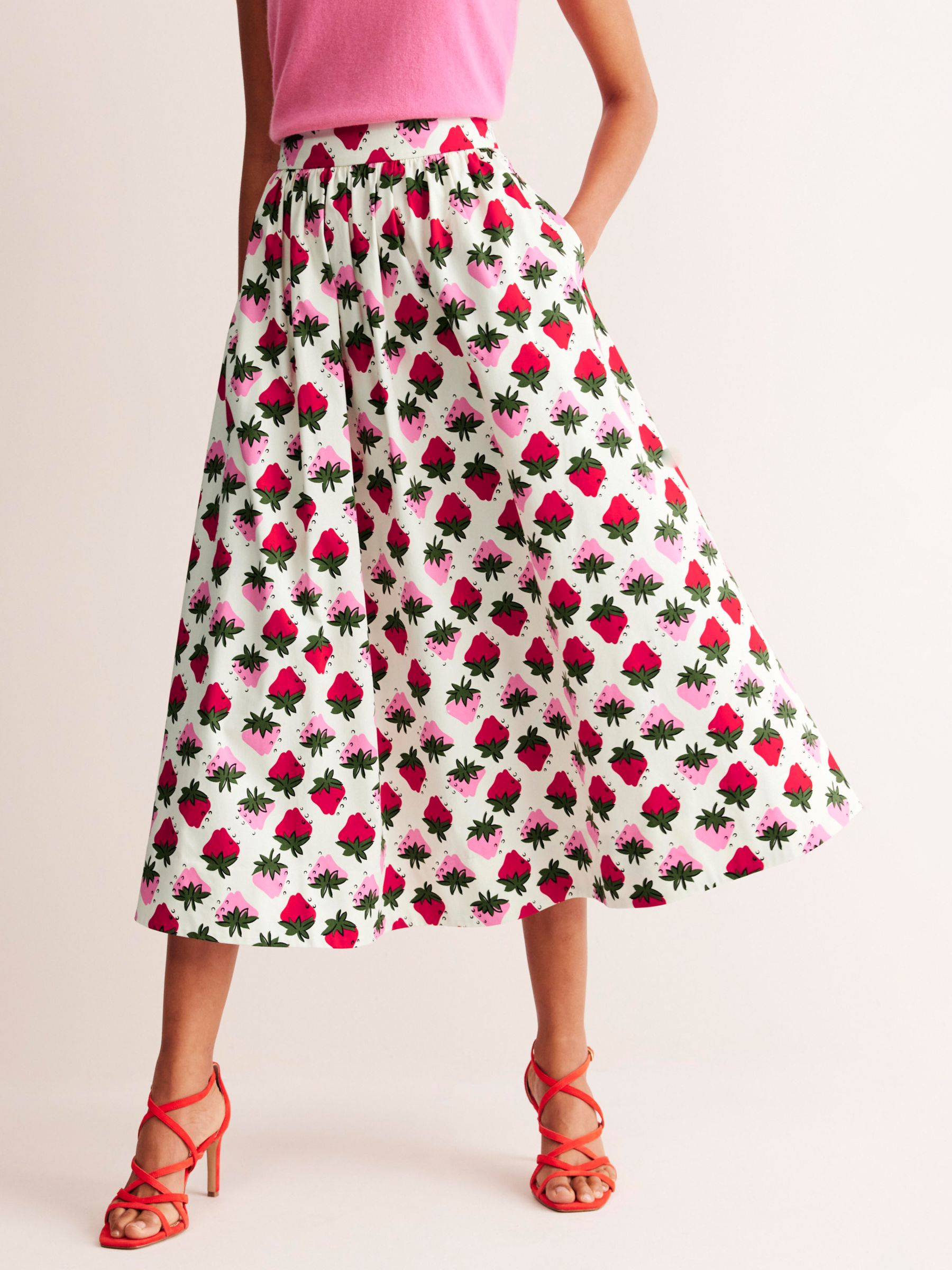 Buy Boden Layla Strawberry Print Cotton Sateen Midi Skirt, Ivory/Multi Online at johnlewis.com