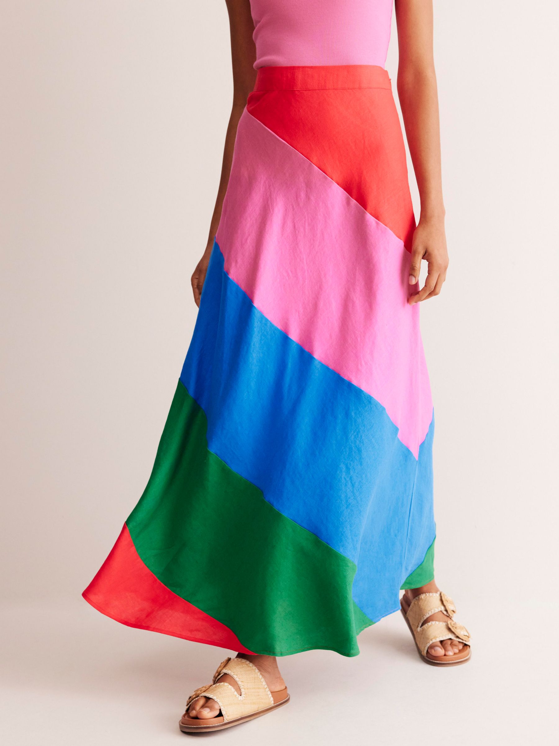 Boden Linen Patchwork Bias-Cut Maxi Slip Skirt, Multi, 8