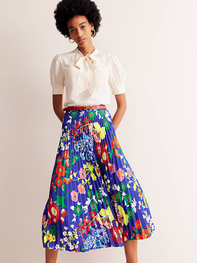 Boden Floral Print Pleated Midi Skirt, Surf The Web/Multi