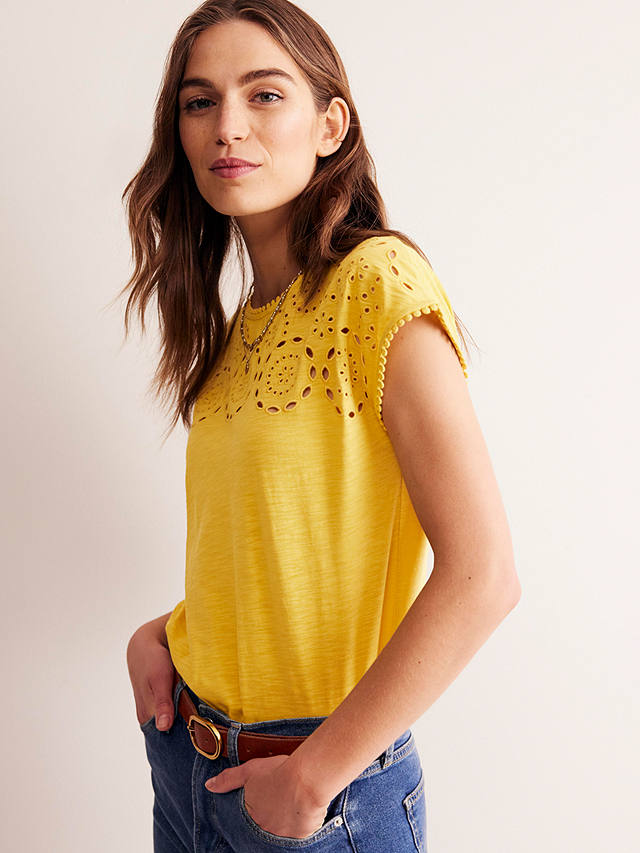 Boden Sasha Broderie Cotton T-Shirt, Ceylon Yellow
