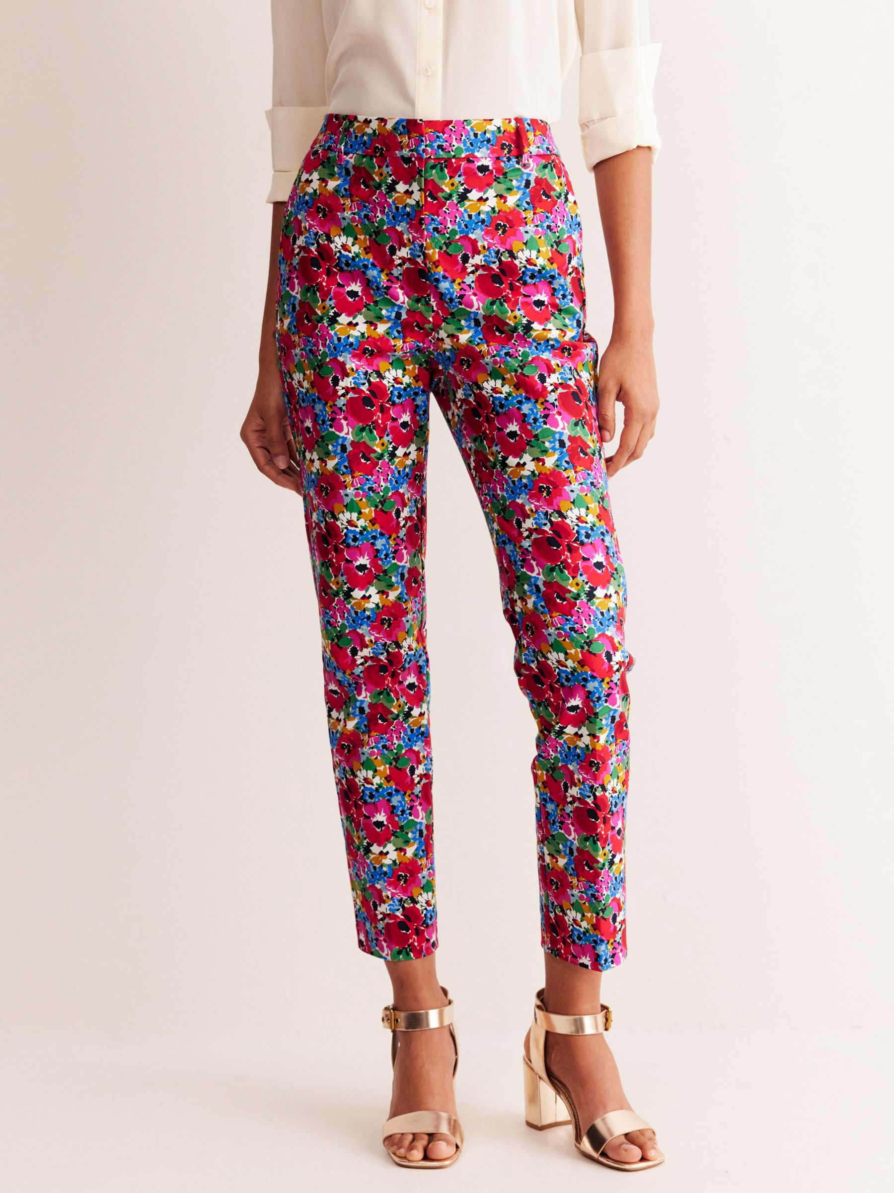Boden Highgate Wild Poppy Sateen Floral Tailored Trousers, Multi, 8