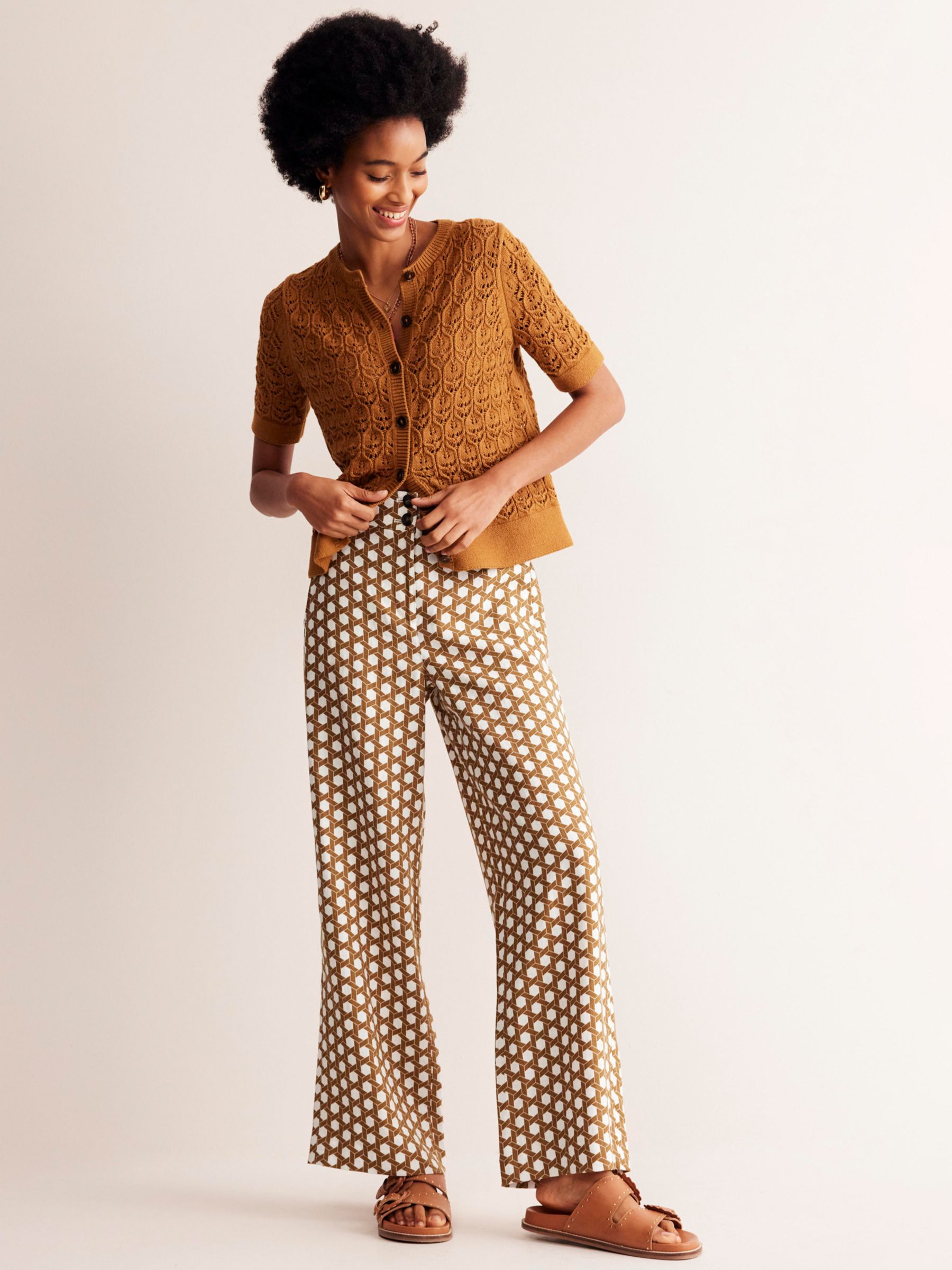 Boden Westbourne Geometric Honeycomb Print Linen Trousers, Brown/White, 8