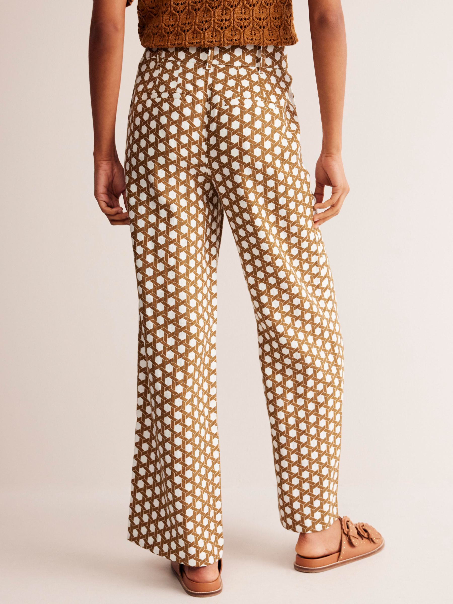 Boden Westbourne Geometric Honeycomb Print Linen Trousers, Brown/White, 8