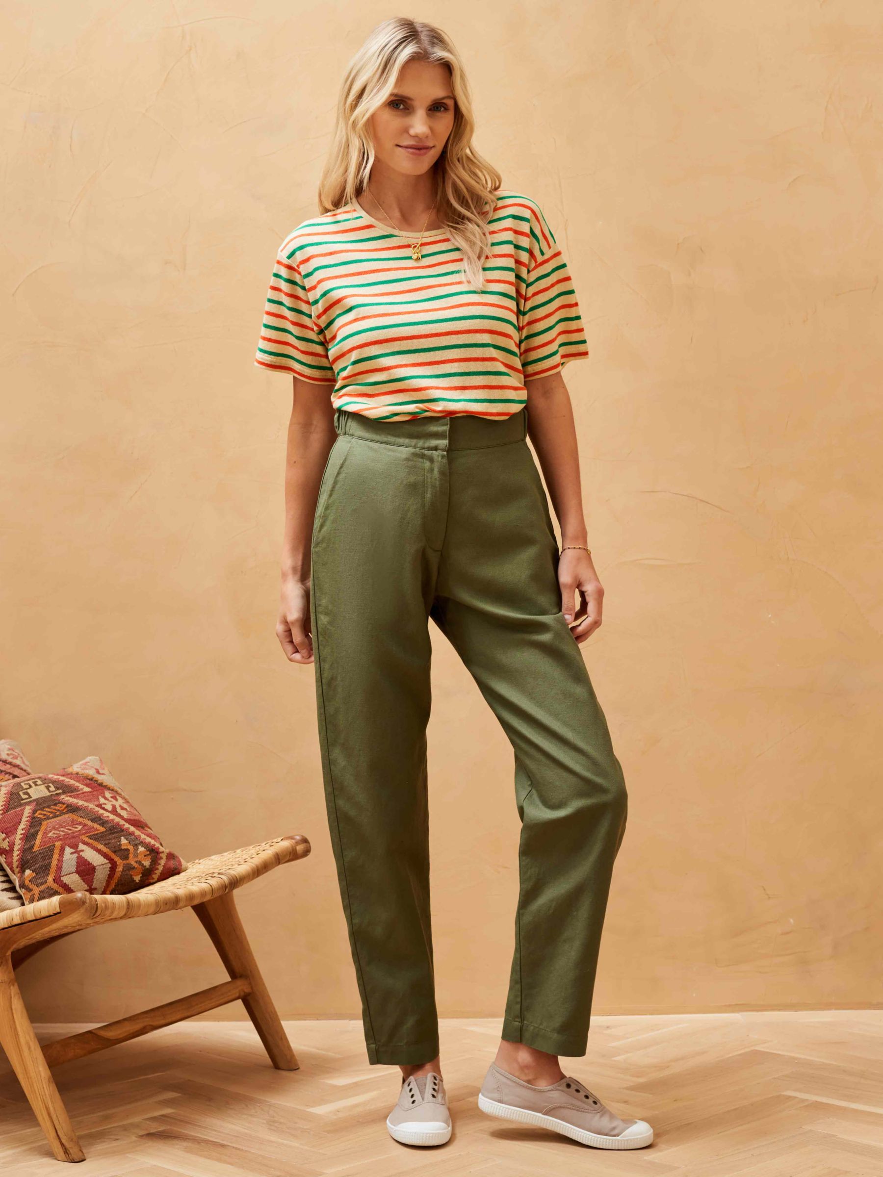 Brora Cotton Linen Blend Striped T-Shirt, Yellow/Emerald/Clementine, 6