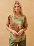 Brora Cotton Linen Blend Striped T-Shirt, Yellow/Emerald/Clementine