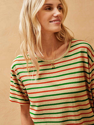 Brora Cotton Linen Blend Striped T-Shirt, Yellow/Emerald/Clementine