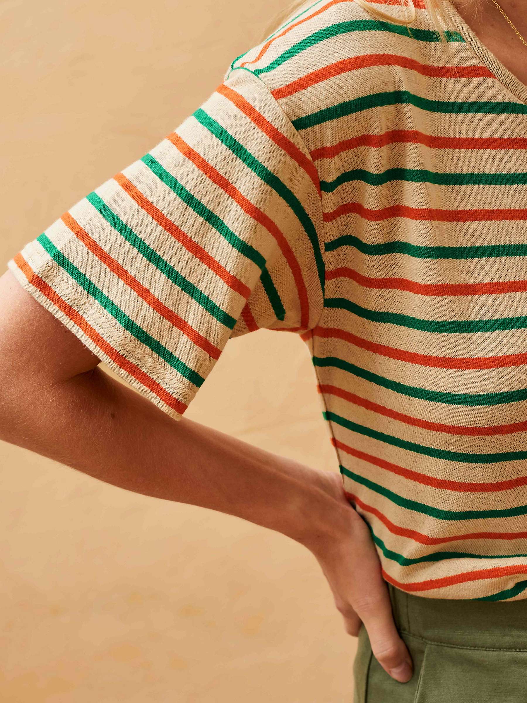 Buy Brora Cotton Linen Blend Striped T-Shirt, Yellow/Emerald/Clementine Online at johnlewis.com