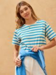 Brora Cotton Linen Blend Breton Stripe T-Shirt, Ivory/Sky