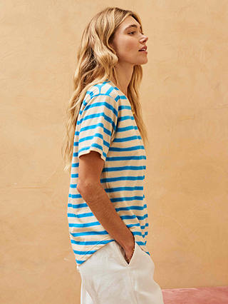 Brora Cotton Linen Blend Breton Stripe T-Shirt, Ivory/Sky