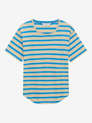 Brora Cotton Linen Blend Breton Stripe T-Shirt, Ivory/Sky