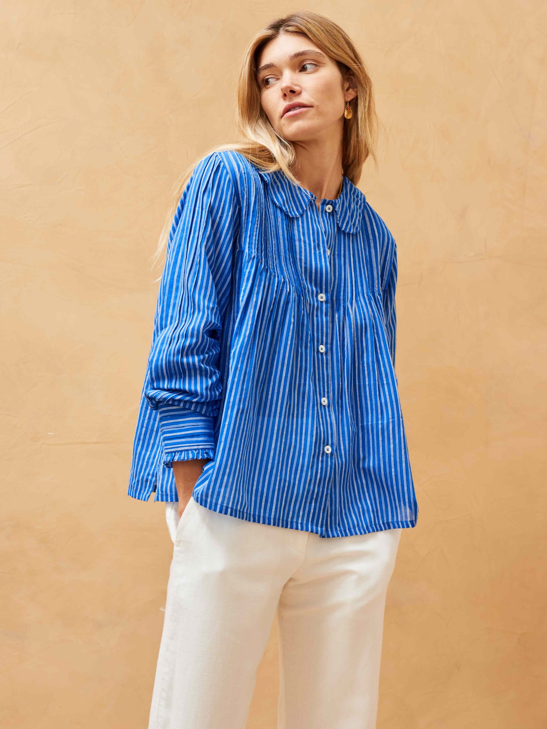 Brora Stripe Pintuck Shirt, Lapis at John Lewis & Partners