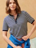 Brora Stripe Button Neck Top, Navy/White