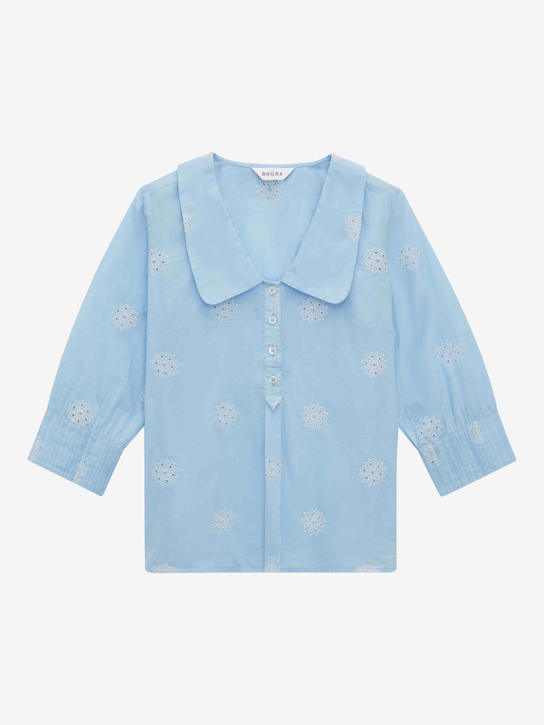 Buy Brora Organic Cotton Chelsea Collar Embroidered Flower Top, Periwinkle Online at johnlewis.com