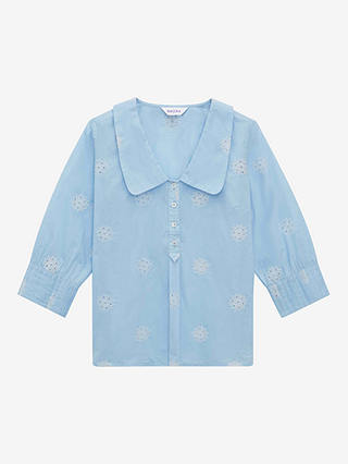 Brora Organic Cotton Chelsea Collar Embroidered Flower Top, Periwinkle