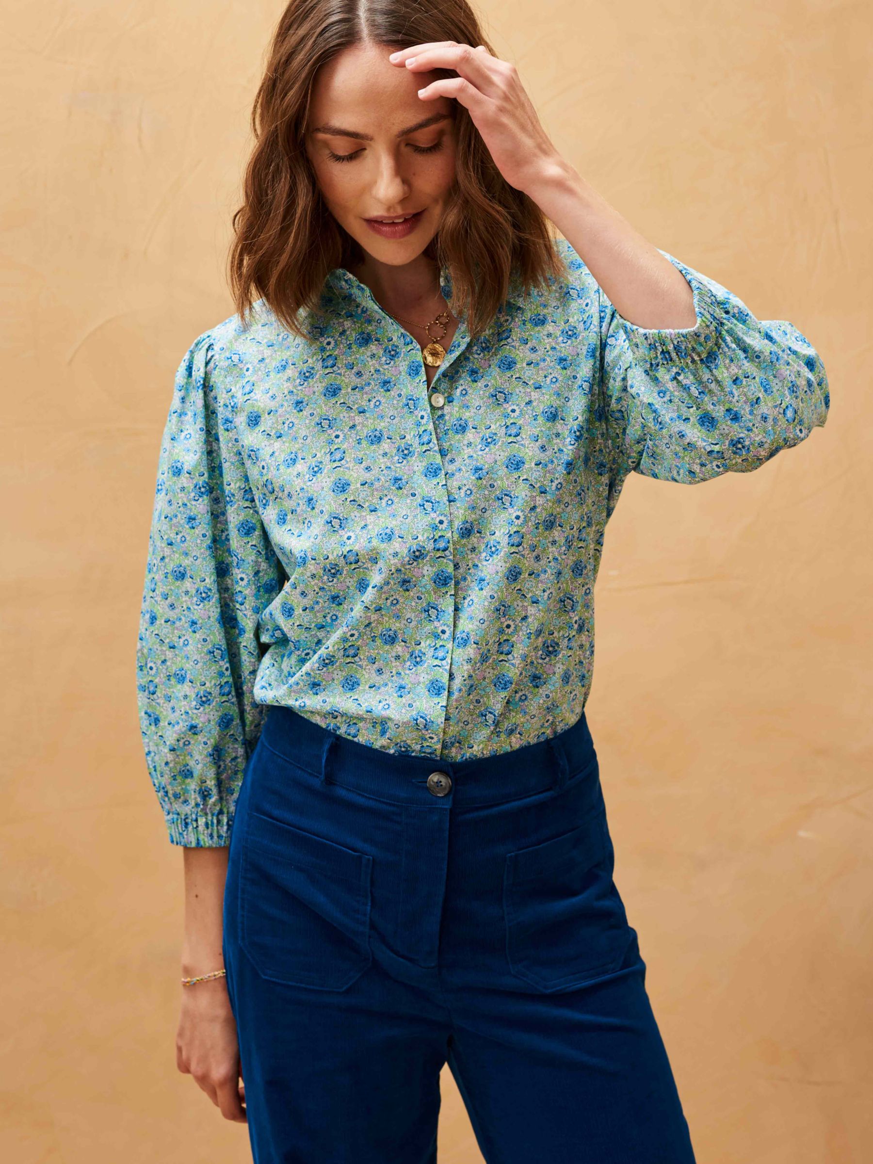 Brora Organic Cotton Liberty Glacier Floral Shirt, Blue