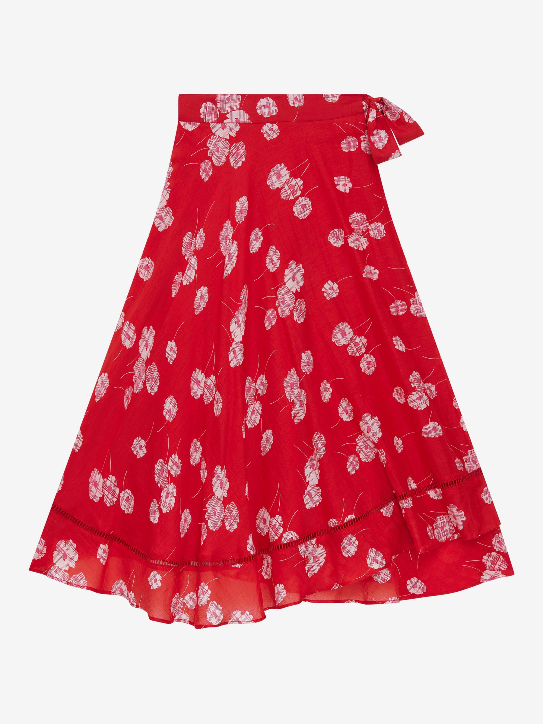 Brora Silk Cotton Blend Graphic Daisy Print Wrap Midi Skirt, Ruby/White, 8-10