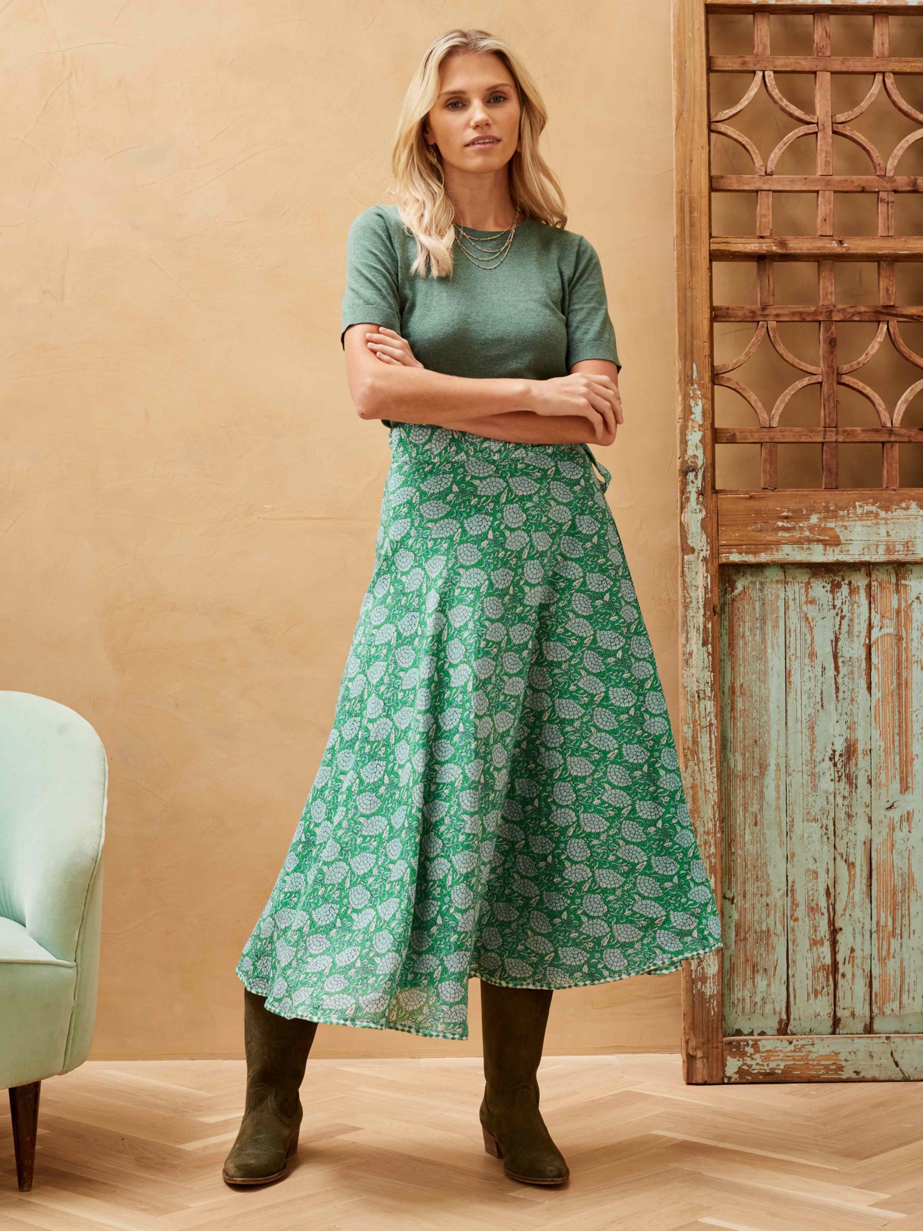Buy Brora Silk Cotton Blend Fan Print Wrap Midi Skirt, Apple/Duck Egg Online at johnlewis.com