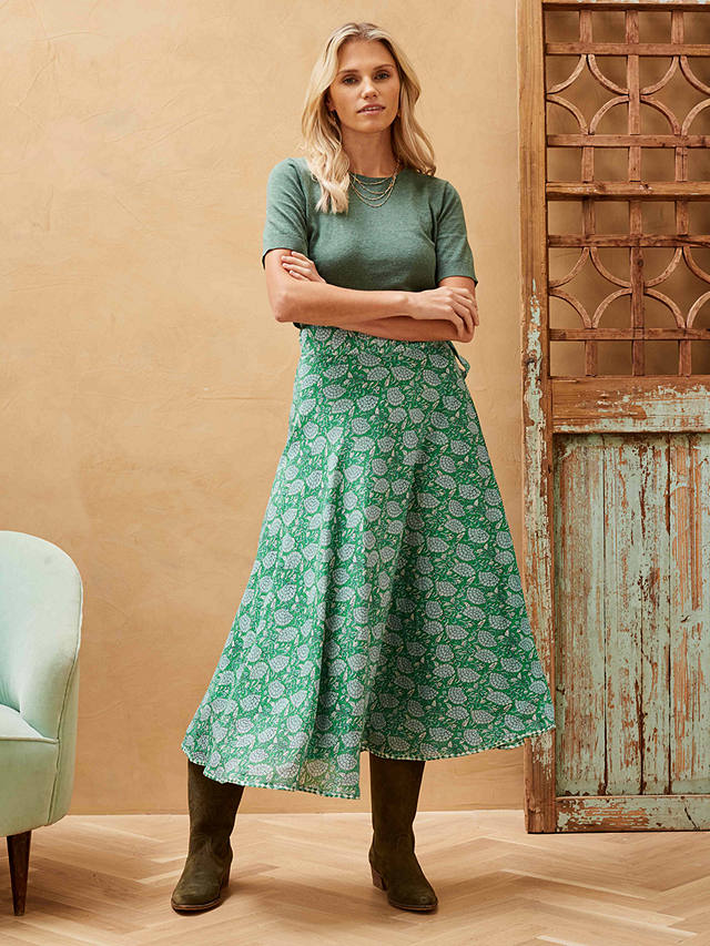 Brora Silk Cotton Blend Fan Print Wrap Midi Skirt, Apple/Duck Egg