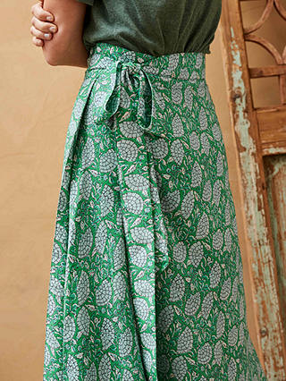 Brora Silk Cotton Blend Fan Print Wrap Midi Skirt, Apple/Duck Egg