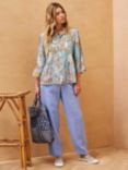 Brora Silk Cotton Blend Pintuck Blouse, Ocean/Multi, Ocean/Multi