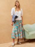 Brora Silk Cotton Blend Tiered Midi Skirt, Ocean/Multi