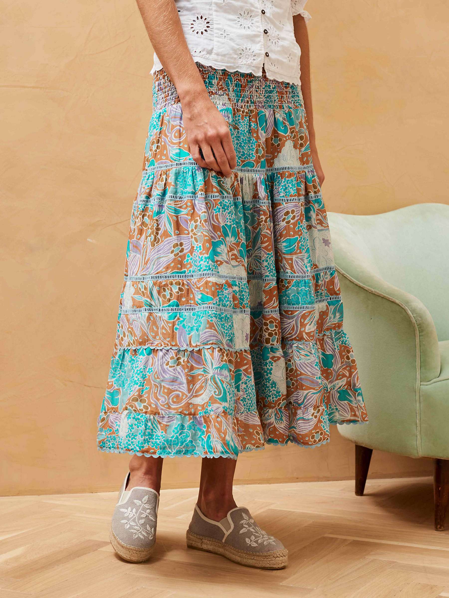 Buy Brora Silk Cotton Blend Tiered Midi Skirt, Ocean/Multi Online at johnlewis.com