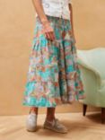 Brora Silk Cotton Blend Tiered Midi Skirt, Ocean/Multi, Ocean/Multi