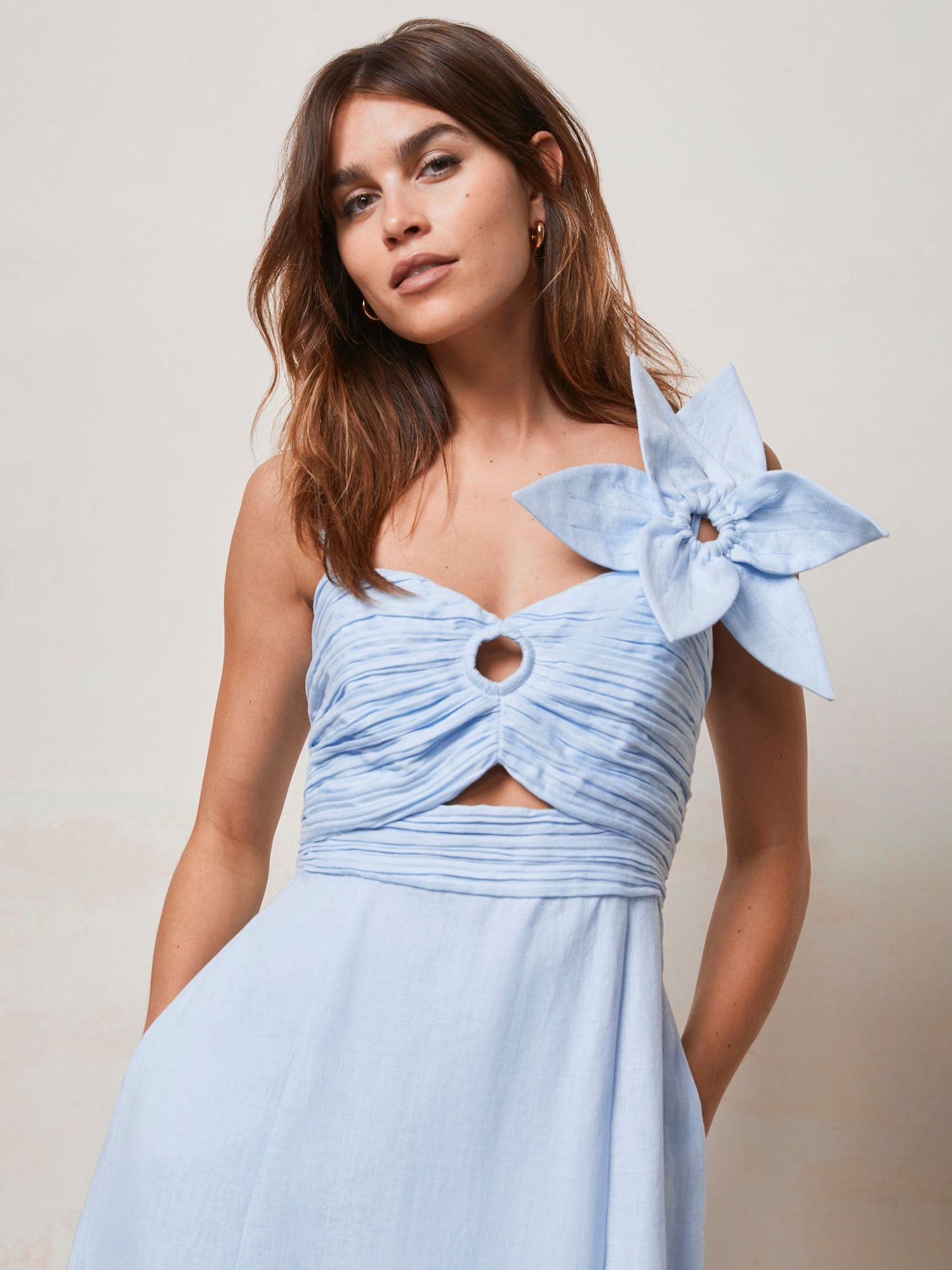 Mint Velvet Cut Out Detail Linen Midi Dress, Light Blue, 6