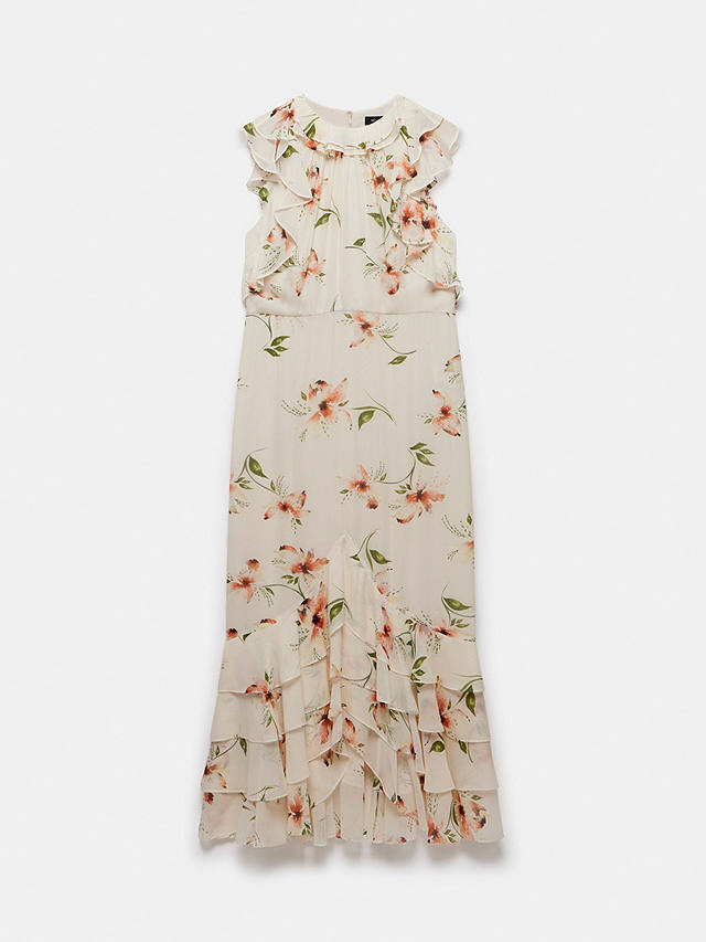 Mint Velvet Floral Print Ruffle Detail Midi Dress, Cream/Multi