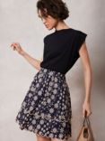 Mint Velvet Floral Print Scallop Hem Tiered Mini Skirt, Navy/Beige