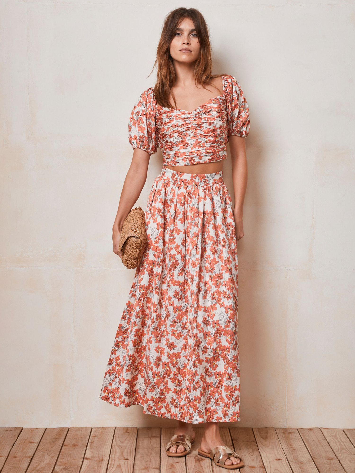Mint Velvet Floral Print Linen Blend Maxi Skirt, Orange/Multi, 6