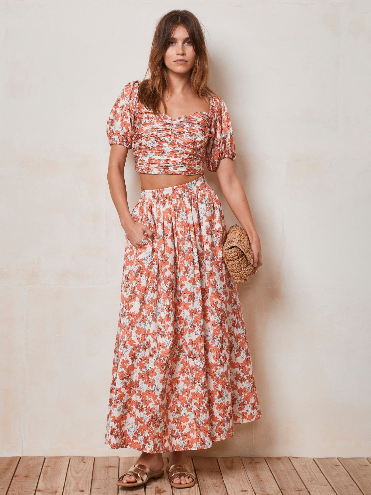 Mint Velvet Floral Print Linen Blend Maxi Skirt, Orange/Multi, 6