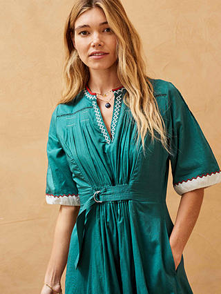 Brora Organic Cotton Geometric Embroidered Folk Dress, Petrol Green