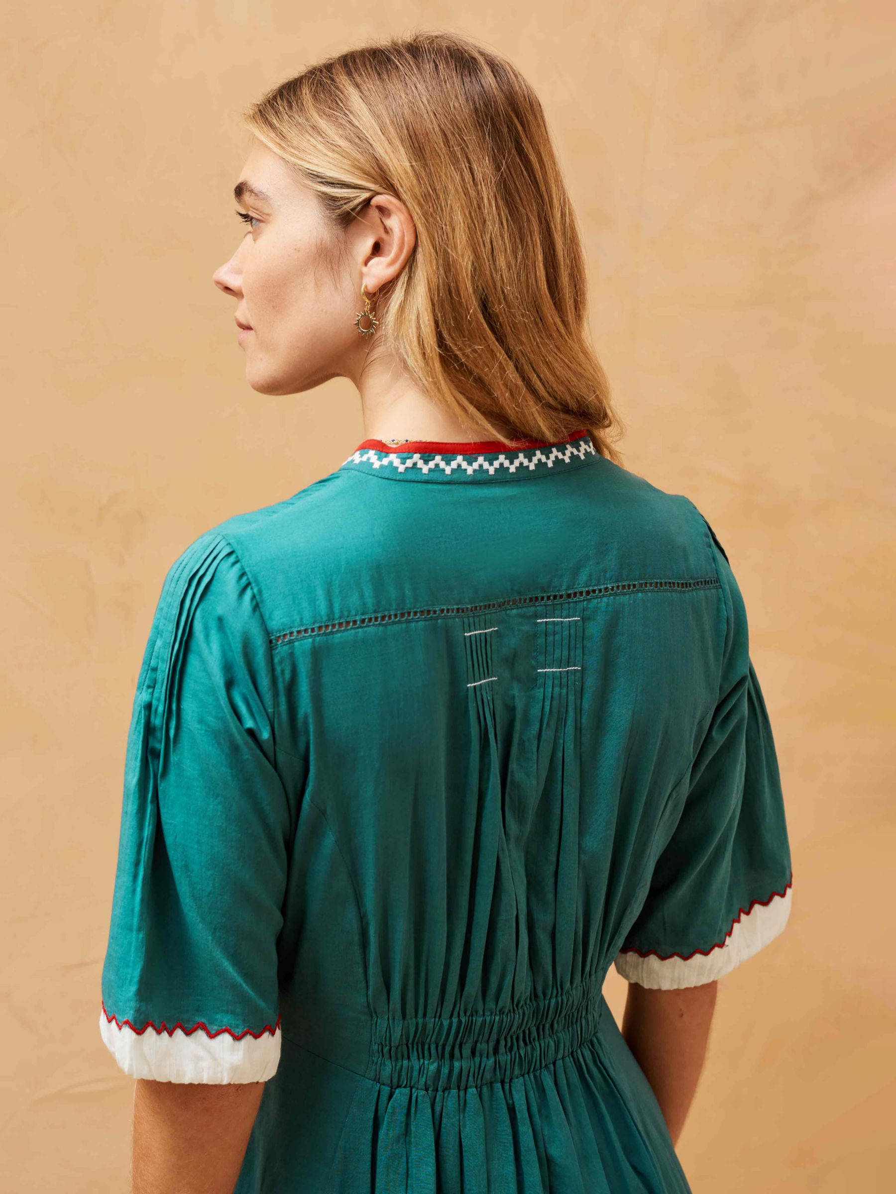 Brora Organic Cotton Geometric Embroidered Folk Dress, Petrol Green, 6