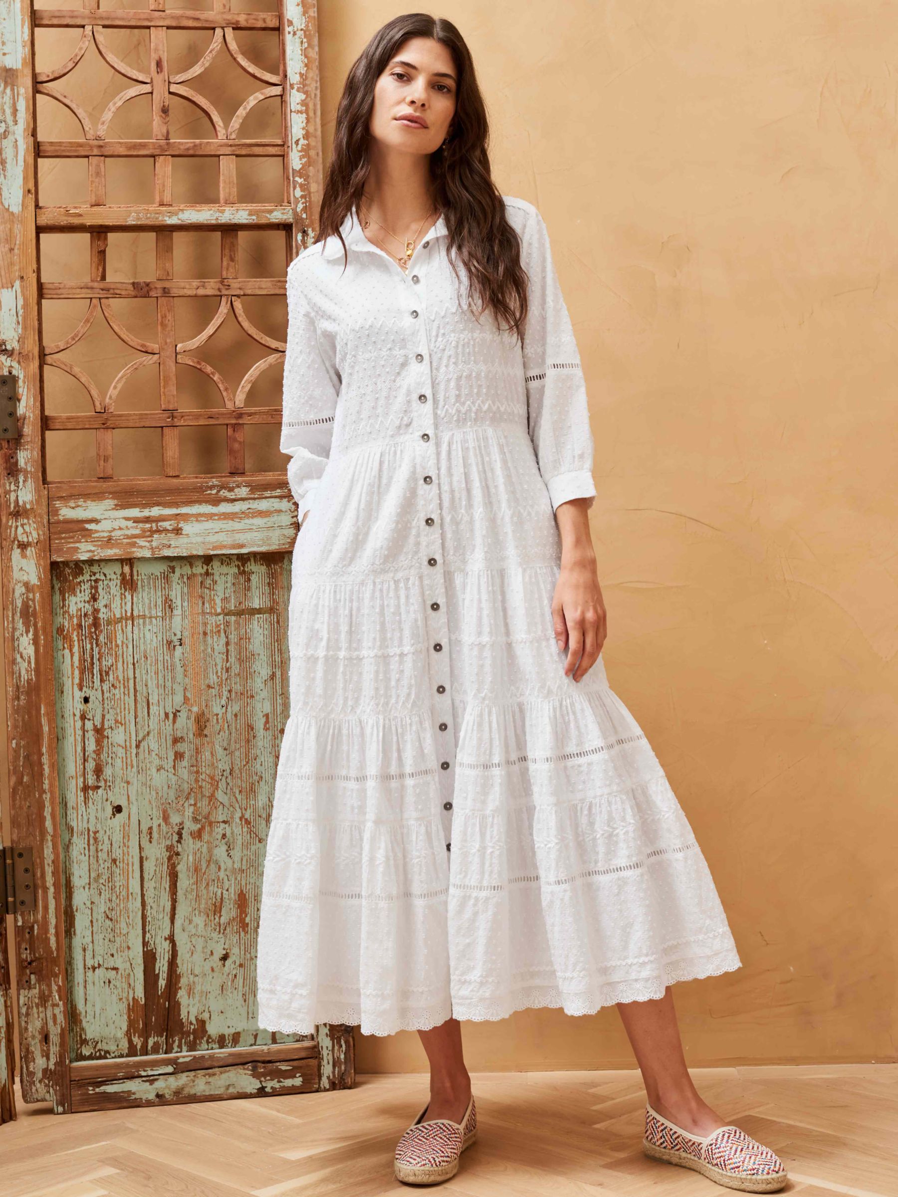 Brora Organic Cotton Embroidered Tiered Shirt Dress, White, 8