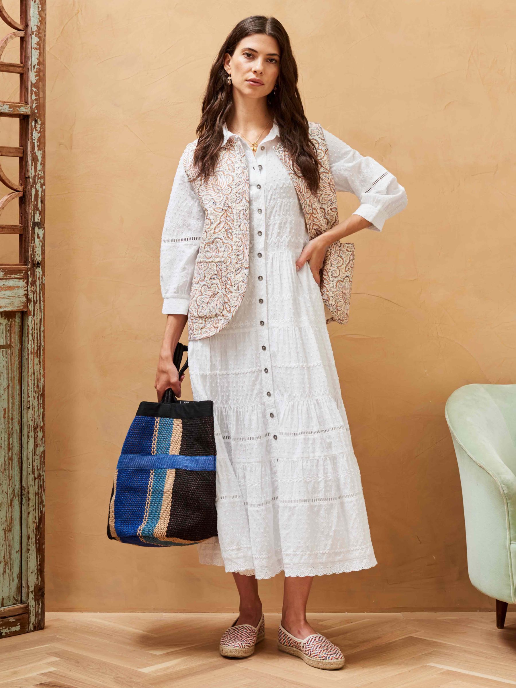 Buy Brora Organic Cotton Embroidered Tiered Shirt Dress, White Online at johnlewis.com