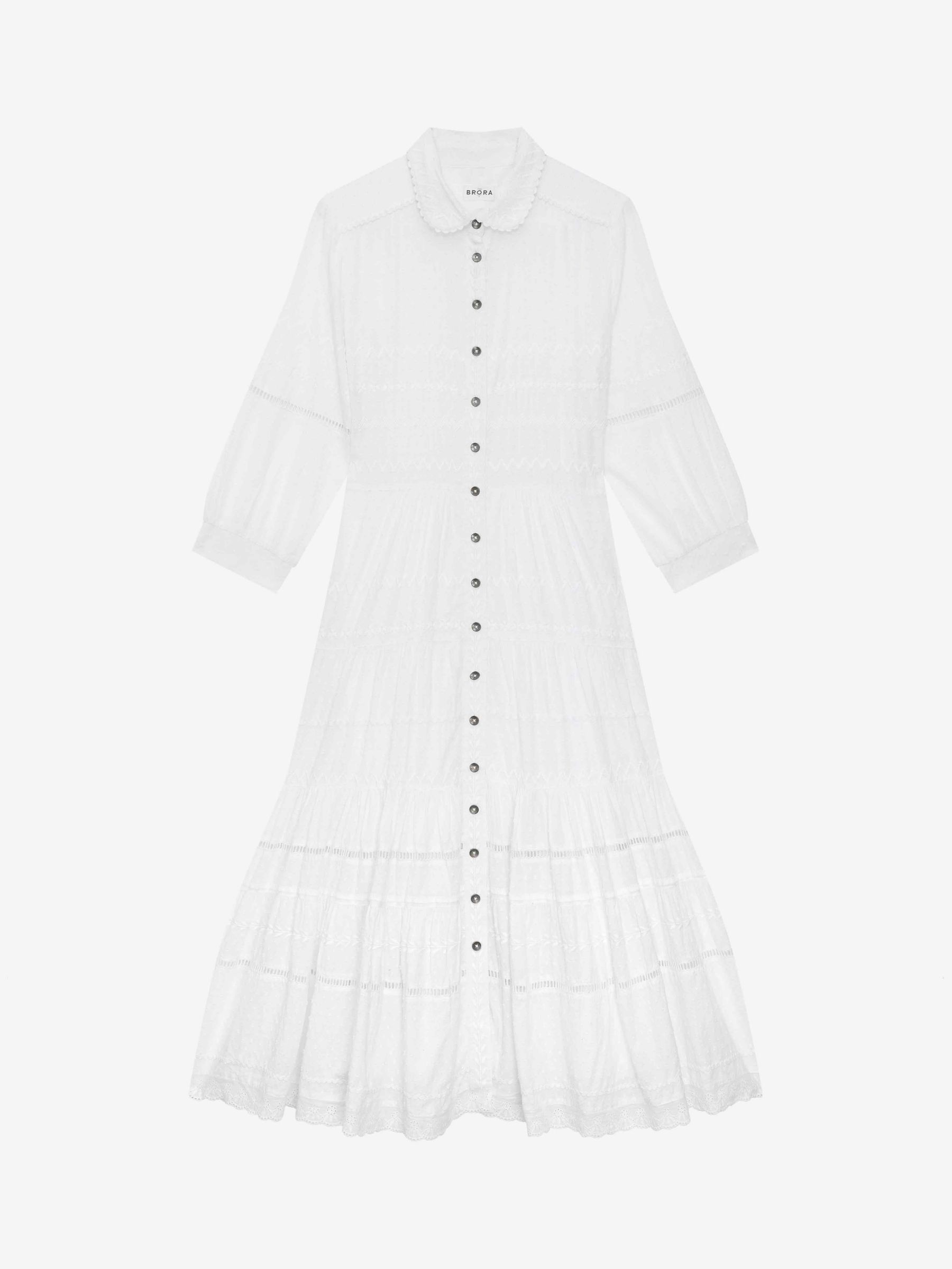 Brora Organic Cotton Embroidered Tiered Shirt Dress, White, 8