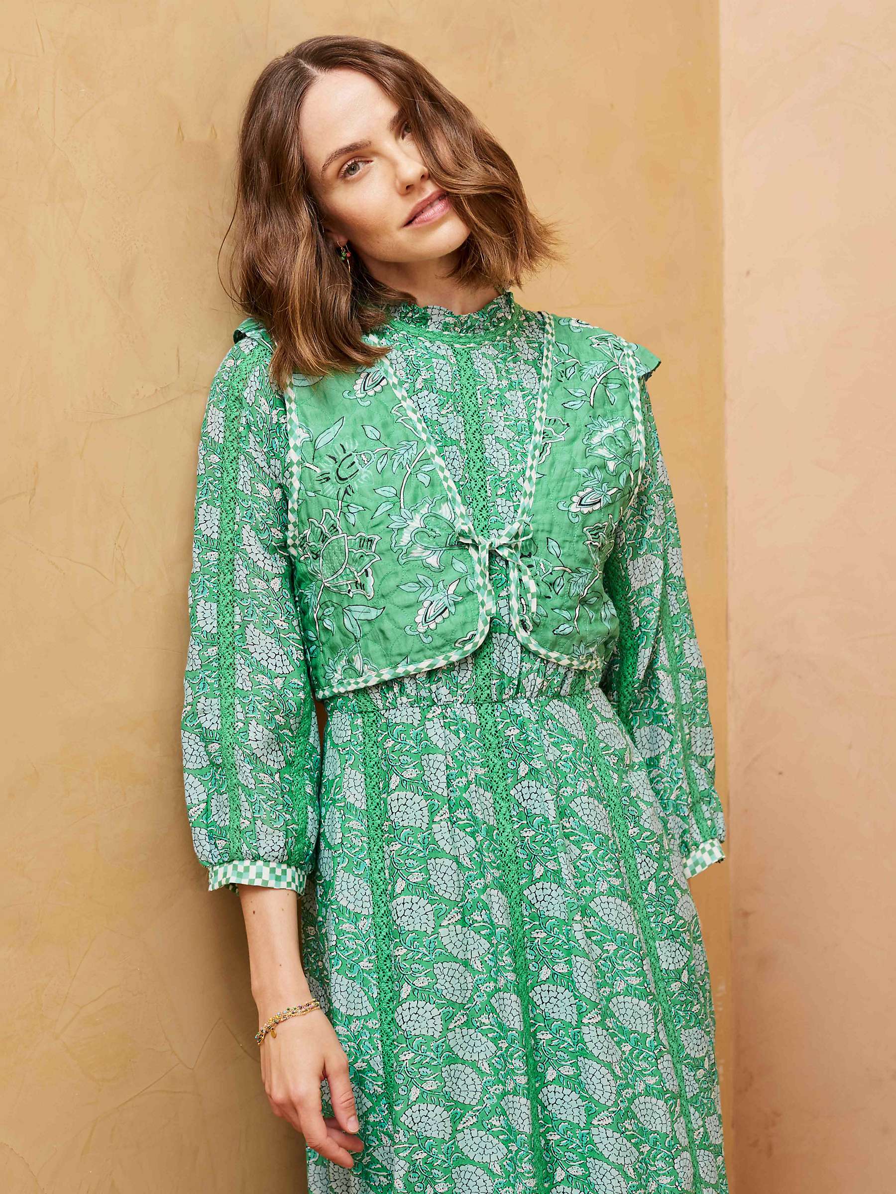 Buy Brora Silk Cotton Blend Fan Print Midi Dress & Quilted Gilet, Apple & Duck Egg Online at johnlewis.com