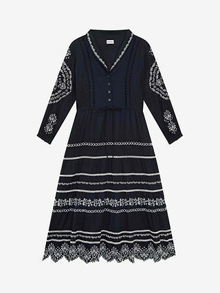 Brora Organic Cotton Floral Broderie Anglaise Dress, Navy
