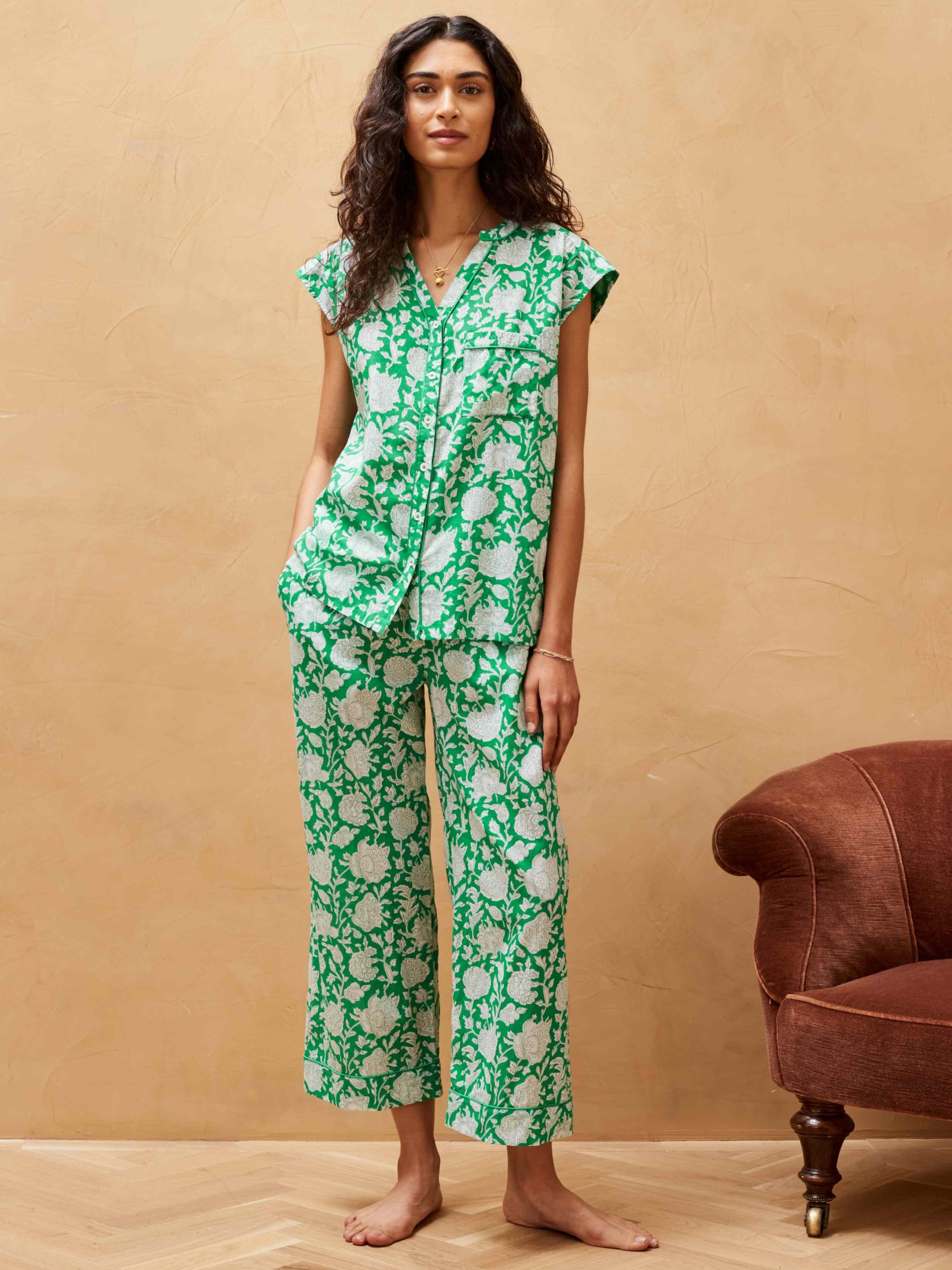 Buy Brora Organic Cotton Floral Block Print Pyjamas, Emerald Online at johnlewis.com