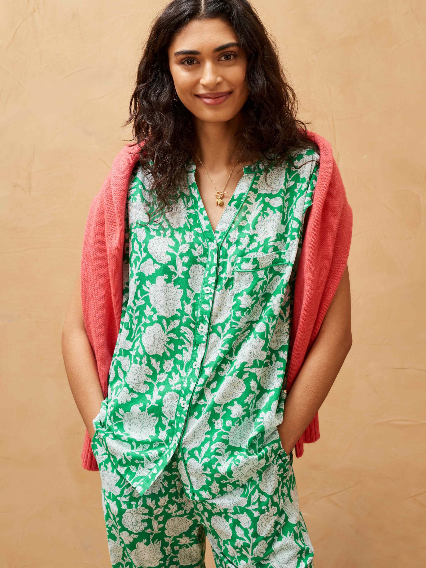 Buy Brora Organic Cotton Floral Block Print Pyjamas, Emerald Online at johnlewis.com