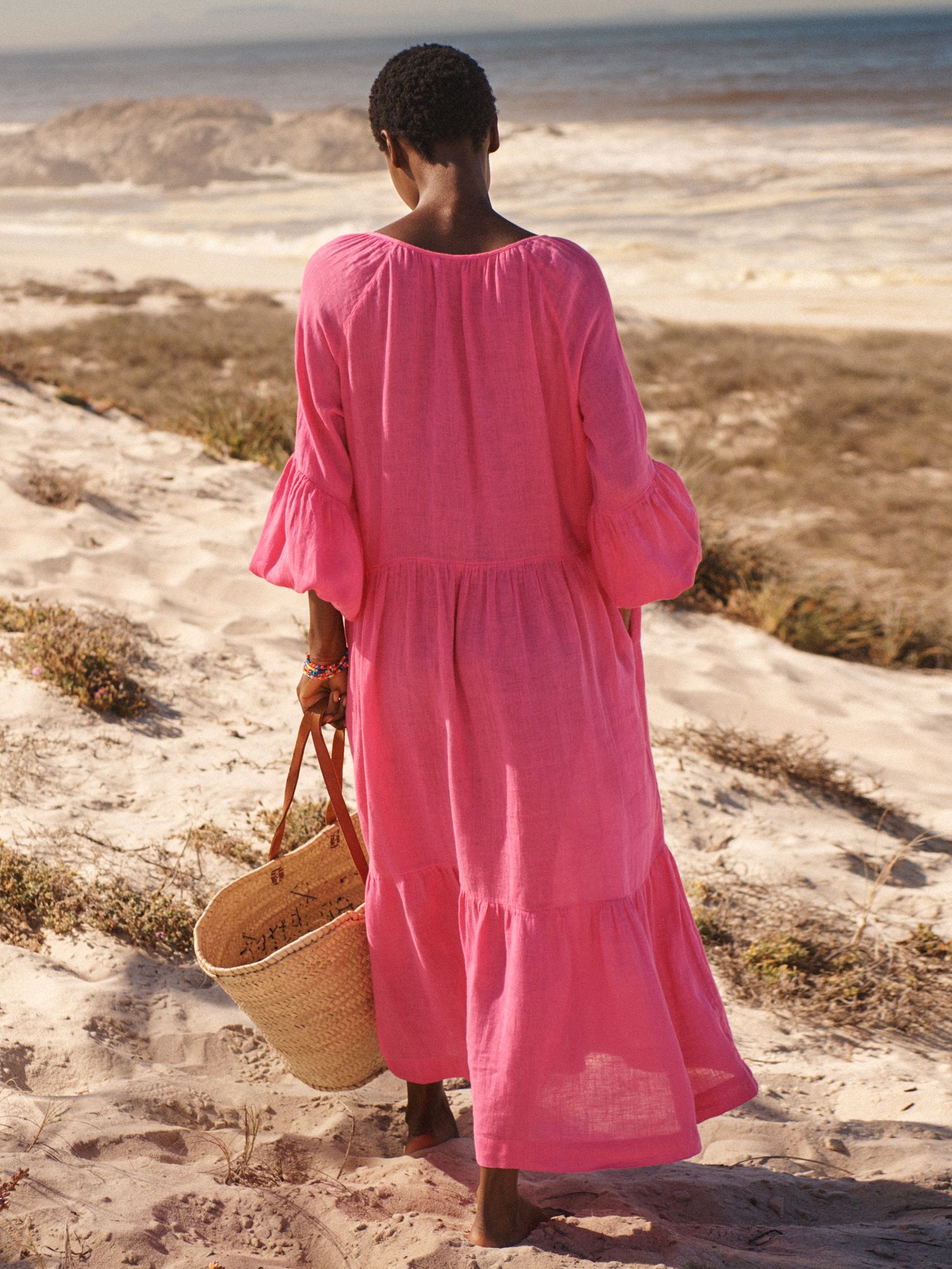 NRBY Iris Linen Gauze Tiered Maxi Dress, Bright Pink, XS