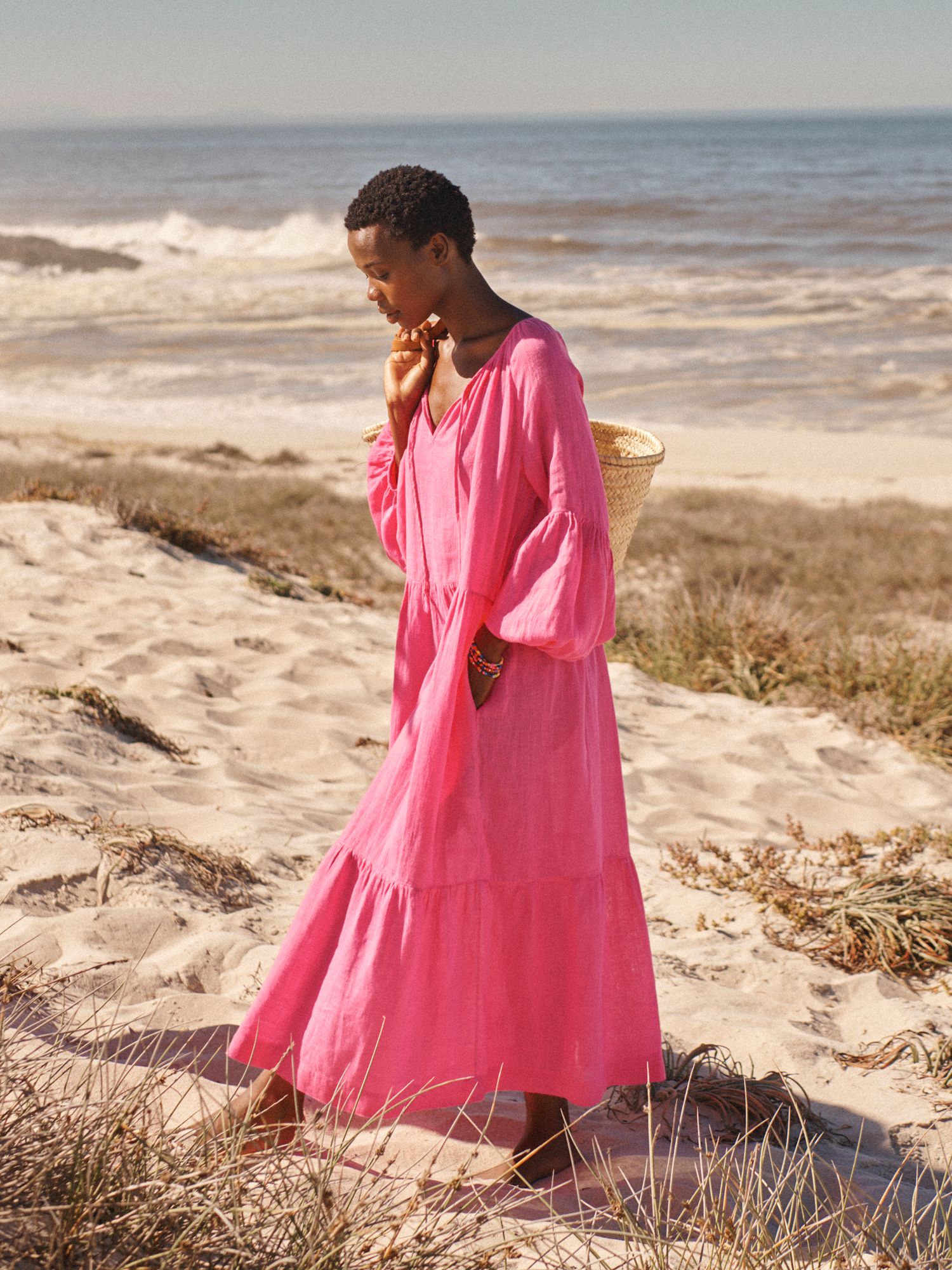 NRBY Iris Linen Gauze Tiered Maxi Dress, Bright Pink, XS
